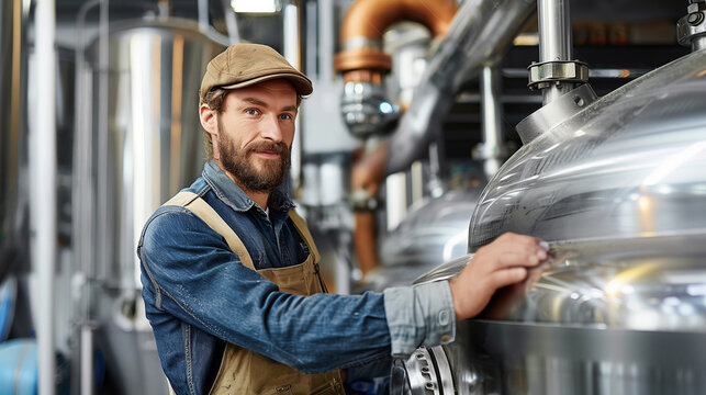 Confident brewer working at craft beer brewery with stainless steel tanks