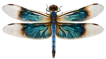 A single, vibrant dragonfly, perched on an invisible reed, wings outstretched, isolated on Transparent Background