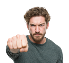 Angry man clenching fist portrait intense mood isolated on transparent background
