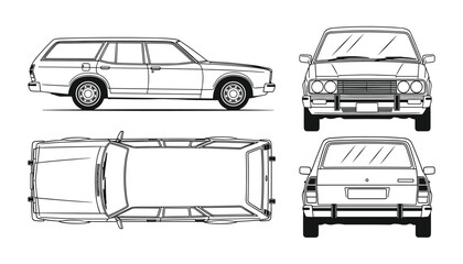 Classic Station Wagon Blueprint Drawing: Technical Illustration in Orthographic Projection