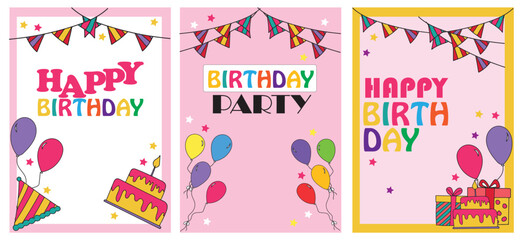 Colorful Birthday Card Designs with Balloons, Cakes, and Party Decorations