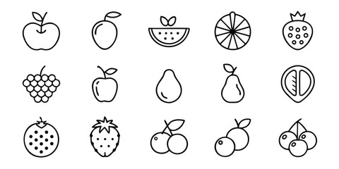 Minimalist Fruit Icons Featuring Apples, Watermelon, Oranges, Strawberries, Grapes, Pears, Tomatoes, and Cherries in Simple Black and White