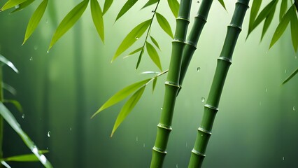 Serene image of vibrant green bamboo stalks with dew drops falling, creating a tranquil and refreshing atmosphere. Perfect for wellness, nature, and spa themes.