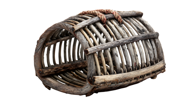 A small, overturned fishing basket, rustic charm, isolated on Transparent Background