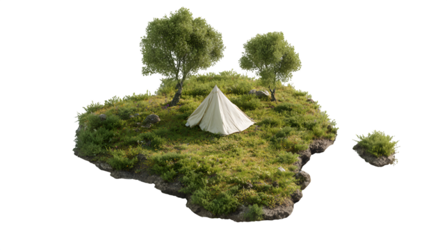 A small, peaceful campsite scene, minimalist tent by an invisible lake, isolated on Transparent Background - Powered by Adobe