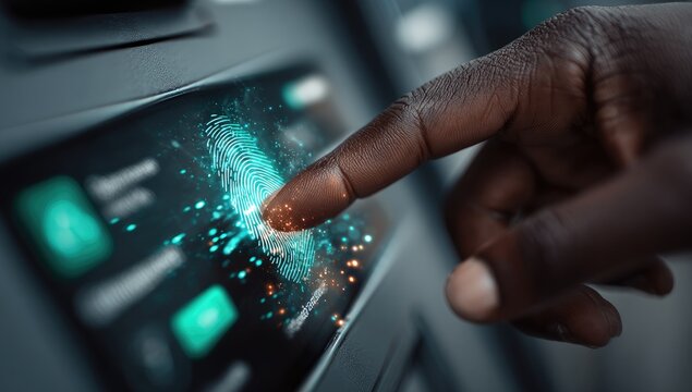 Close-up of a dark hand fingerprinting on a modern ATM