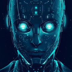 Close up of a futuristic robot face with glowing eyes and intricate circuit details in teal and black hues