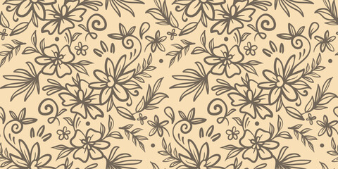 Hand drawn simple abstract flowers print. Trendy collage outline  pattern. Fashionable template for fabric design.
