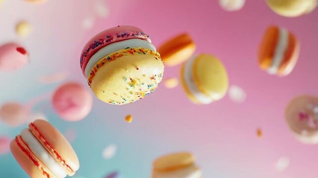 Rotating fresh colorful macaroons on pink and blue background. Traditional French desserts made of almond dough. Slow rotation of colorful sweet macaroons. French cuisine or sweets concept