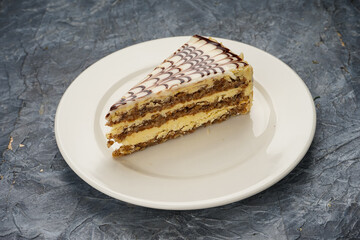 dessert cake in a white plate on a gray background