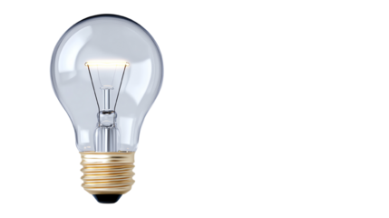 A clear light bulb with gold base on white isolate background.