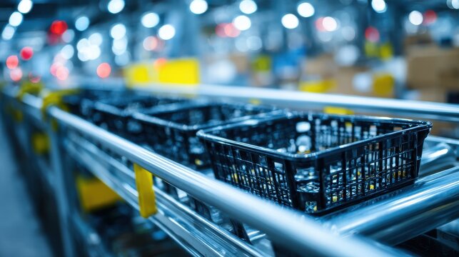 Black Baskets on Metal Conveyor in Warehouse