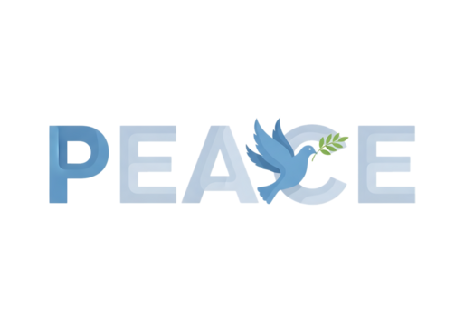 The word peace with a blue dove carrying an olive branch flying through the letters, isolated on transparent background