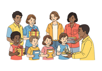 Diverse group of children and adults sharing books and gifts, celebrating kindness and education, isolated on transparent background
