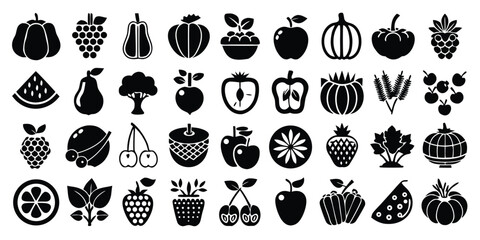 Diverse Black and White Fruit and Vegetable Icons Representing Freshness and Healthy Eating Habits in a Flat Design