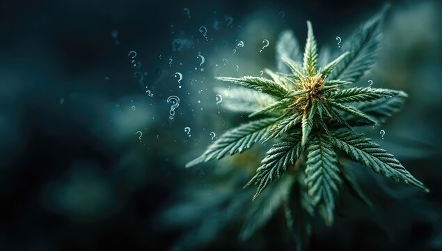 Close-up of cannabis plant, dark background, question marks - Powered by Adobe