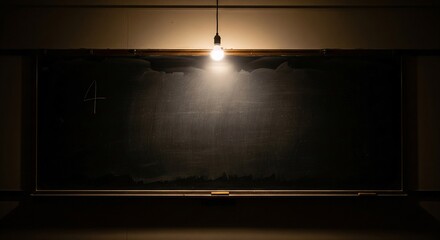 A vintage chalkboard hangs under a lit lightbulb in a dim classroom.