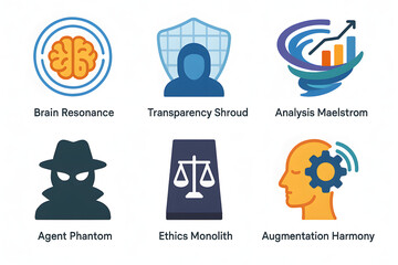 Fototapeta premium Futuristic Intelligence Icons: A collection of intricate icons representing abstract concepts such as brain resonance, analysis maelstrom, and the ethics monolith.