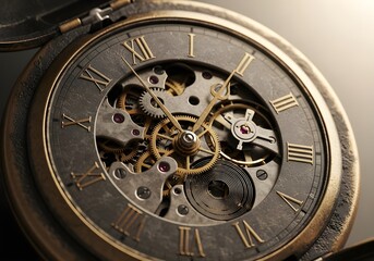 Close up of antique pocket watch with exposed mechanical gears and roman numerals