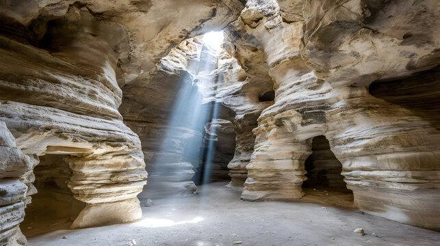 desert canyon with layered rocks, shadows, and light rays piercing through narrow spaces - Powered by Adobe