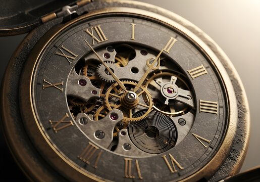 Close up of antique pocket watch with exposed mechanical gears and roman numerals