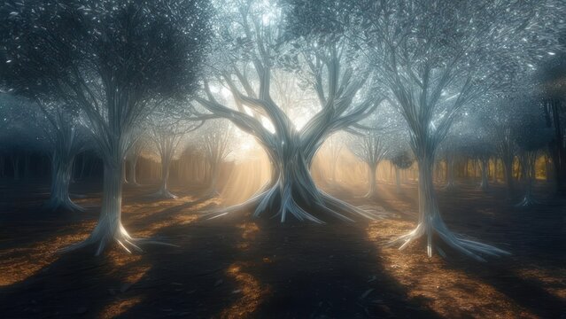 Mystical forest bathed in sunlight