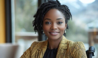 Happy disabled African American businesswoman in a wheelchair, engaged in a meeting and fostering inclusivity in the workplace, Generative AI