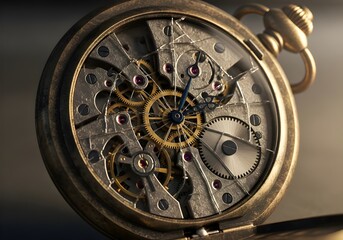 Intricate mechanical pocket watch movement close up detail