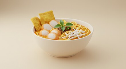 Delicious Curry Laksa Soup Bowl with Noodles and Fish Balls