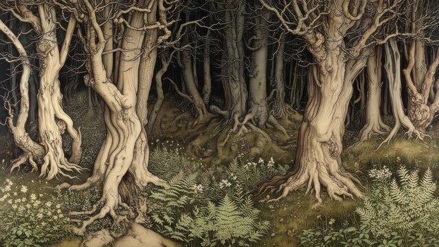 Dark, gnarled trees in a dense forest