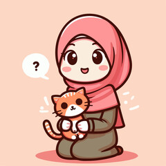 cartoon vector illustration of a hijab girl holding a cat