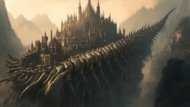 Fantasy castle on a spine-like bridge