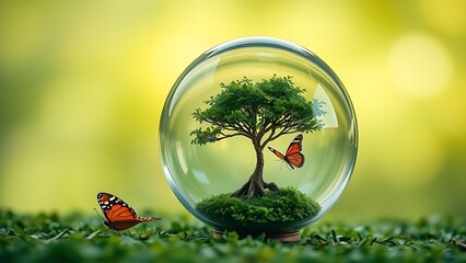 A glass orb containing a miniature tree and butterfly on a green background, representing ecological balance.