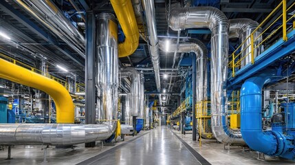 The vast and organized interior of a modern manufacturing facility with a complex piping system.