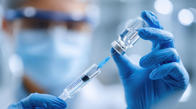 A close-up shows a gloved hand holding a vaccine vial while a needle extracts the liquid.