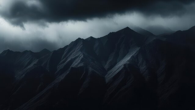 Dark mountain range under stormy clouds