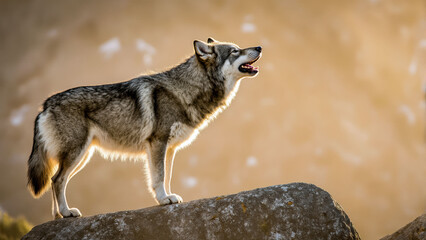 Obraz premium A majestic grey wolf stands on a rocky outcrop, howling in the warm golden sunlight.
