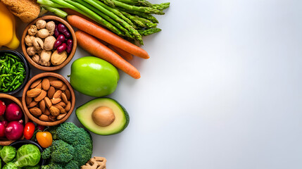 food spread with nuts, seeds, fresh fruit, and whole vegetables on a white background