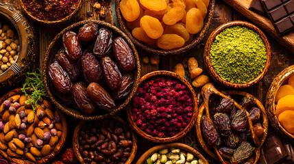 lay of whole food snacks including trail mix, dates, dried fruits, and dark chocolate