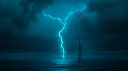 Lightning strikes ocean water near power line tower under dramatic stormy sky
