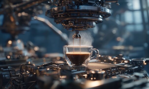 Espresso steams from a futuristic coffee machine, a perfect brew in a modern setting.