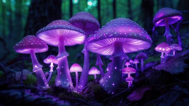 Glowing mushrooms in a dark forest (1)