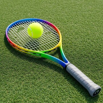 A Colorful Tennis Racket with Ball Isolated on sport field  