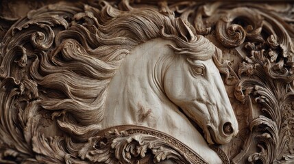 Carved horse head in relief, mane flowing amid decorative scrollwork backdrop