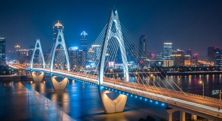 Obraz premium Captivating bridge illuminating the urban skyline at night, a breathtaking display of modern architecture reflecting on calm waters with city lights, painting a picture of vibrant cityscape