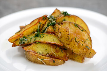 fried baked potato slices with spices macro photo