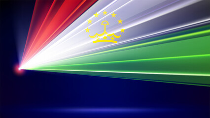Laser flag of tajikistan. Laser show on dark blue background. Tajik national patriotic flag. Multicolor template of banner, poster for national holiday tajikistan. Place for text. Copy space. Vector