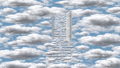 Open white door with stairs leading to heavens