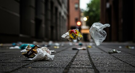 A street scene littered with trash. Focus on floating wrappers and a plastic bag, creating a dynamic composition in an urban setting.