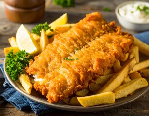 Crispy golden fish and chips served with lemon wedges and parsley, a classic comfort food delight.